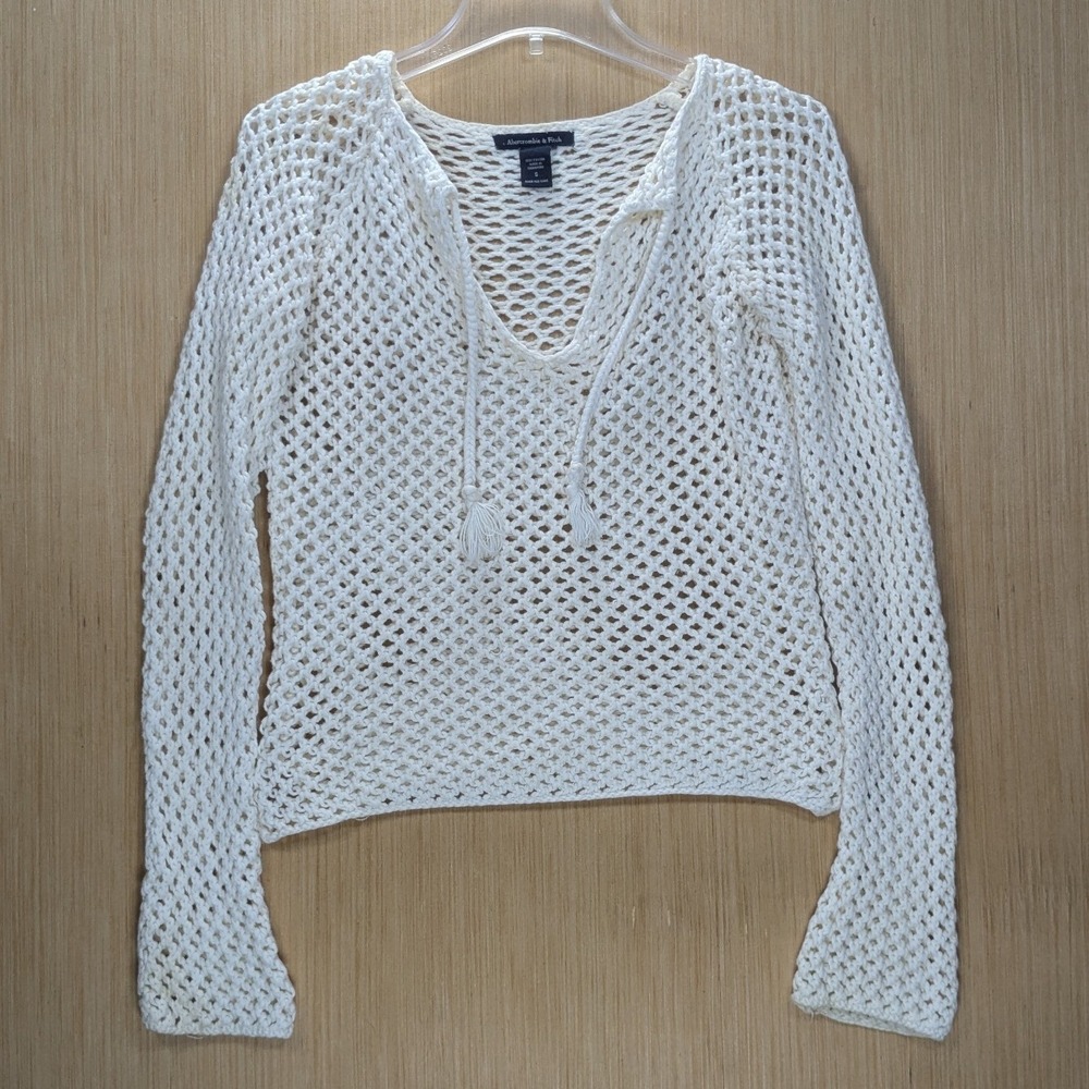 Abercrombie & Fitch Crochet Open Knit Top Cream V-Neck Boho Casual Women's Small